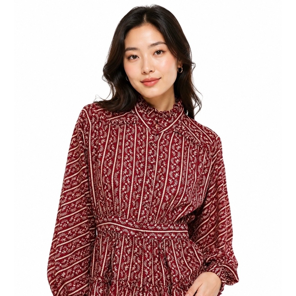 Nanette Lepore Burgundy Floral‎ Stripe Ruffle Peplum Blouse Silk Regencycore  6
